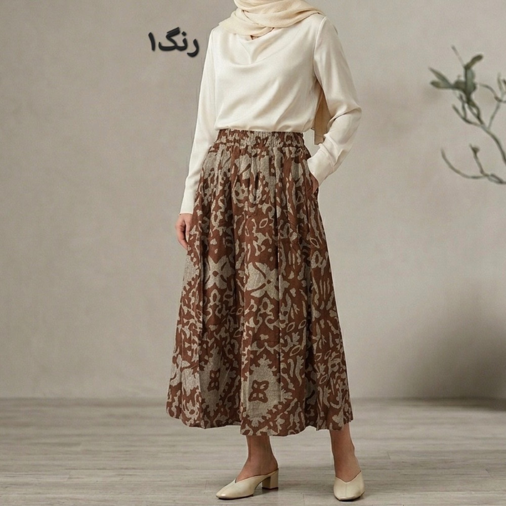 دامن لینن ایتالیایی طرح دار بلند زنانه