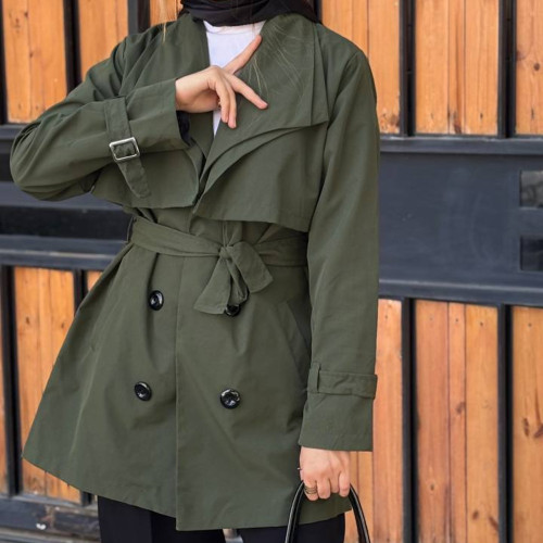 ترنچ کت کوتاه کتان TC کمربنددار زنانه