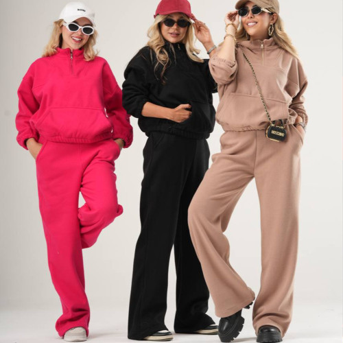 ست دورس نیم‌زیپ‌ و شلوار بگ پولار زنانه