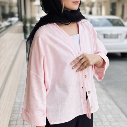 شومیز لینن اسلپ یقه هفت زنانه