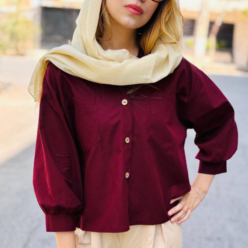 شومیز لینن کوتاه دوجیب دخترانه