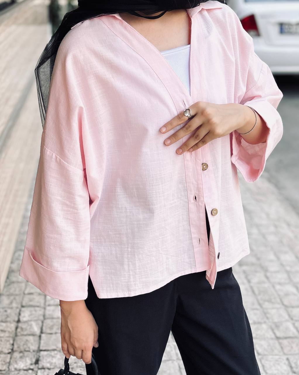 شومیز لینن اسلپ یقه هفت زنانه