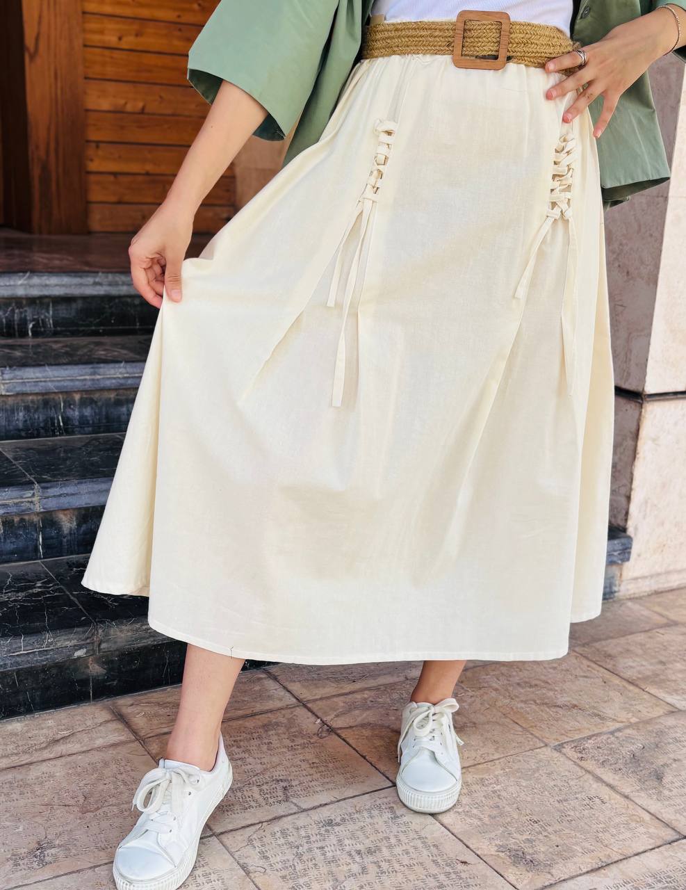 دامن کمرکش جلوبندی لینن زنانه