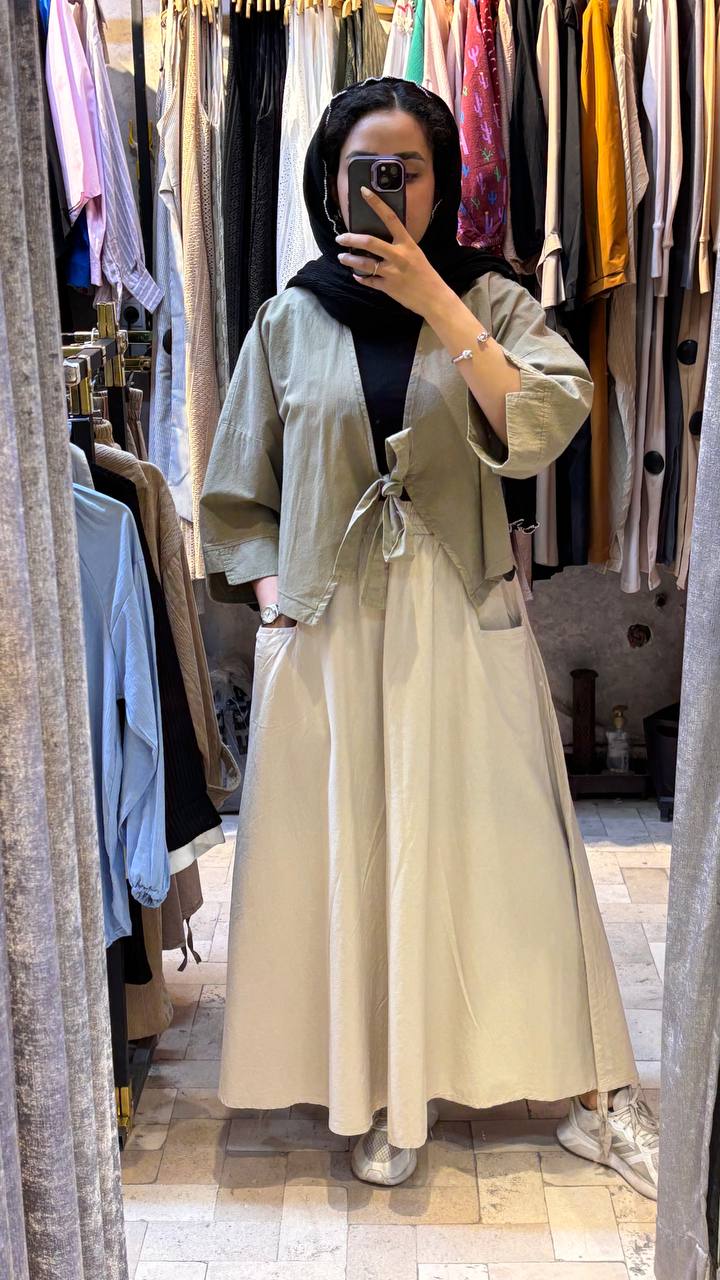 دامن لینن بلند کمرکش دوجیب زنانه