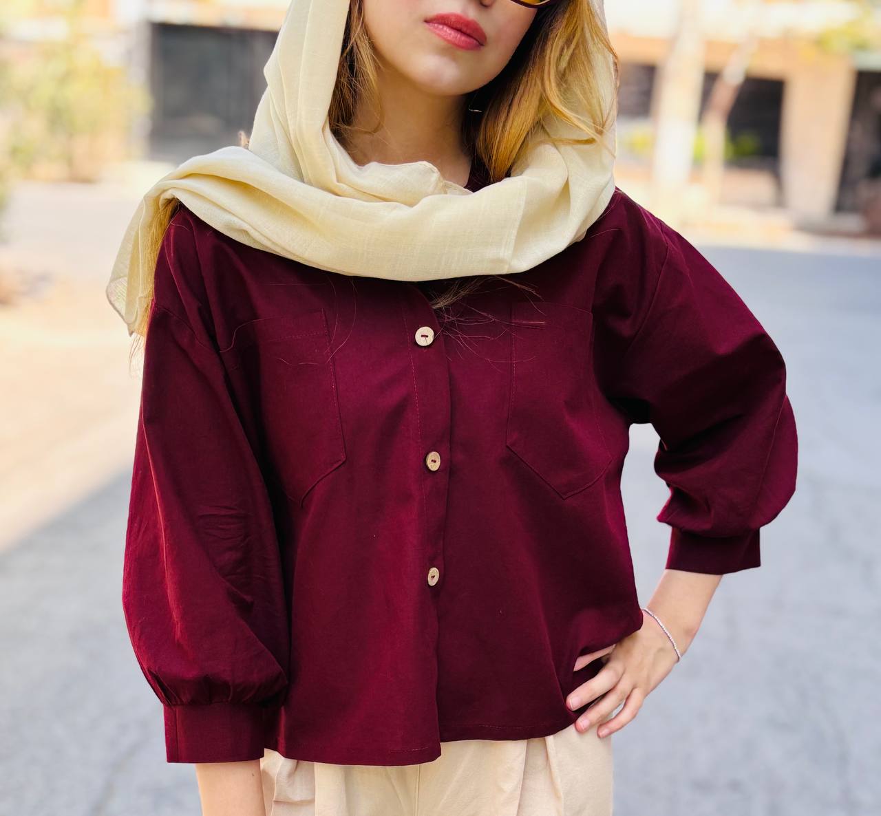 شومیز لینن کوتاه دوجیب دخترانه